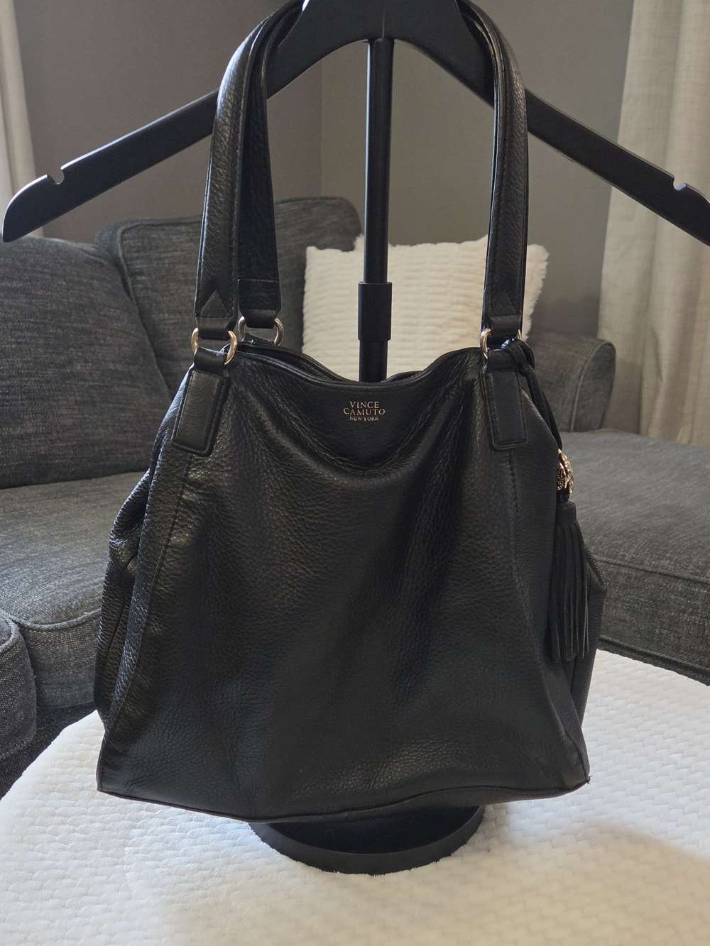 Vince Camuto Black Pebbled Leather Shoulder Bag with Tassel Charm